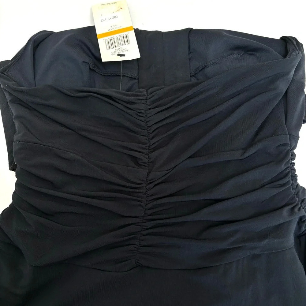 BCBGMAXAZRIA Y2K Ruched Jersey Halter Dress Sequin Trim Cocktail Navy Small NWT - Picture 4 of 14